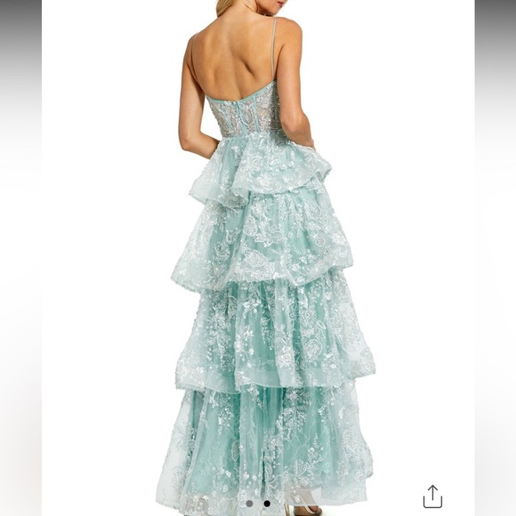 NWT Mac Duggal Aqua Tiered Lace ballgown prom Dress size 4 - Picture 2 of 5